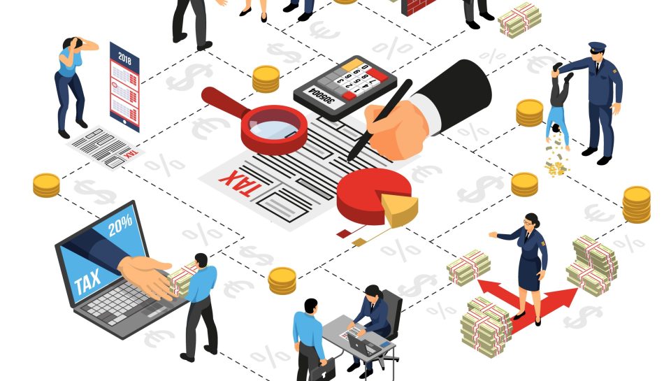 Tax inspection flowchart elements isometric poster with online declarations collecting corporate and private taxpayers contributions vector illustration